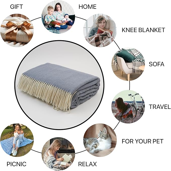 | Wool Blanket/Throw | 100% New Zealand Wool | Perfect for Home and Outdoors | Virgin Wool Throw with Fringes 75"x87" (190 x 220 cm)