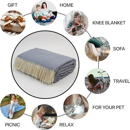 | Wool Blanket/Throw | 100% New Zealand Wool | Perfect for Home and Outdoors | Virgin Wool Throw with Fringes 75"x87" (190 x 220 cm)