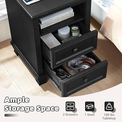 SAVOR LIFE Farmhouse Side Table with Charging Station, Rustic Black Nightstand,2 Drawers End Table for Living Room,Bedside Table with Open Shelf for Bed Room,Black