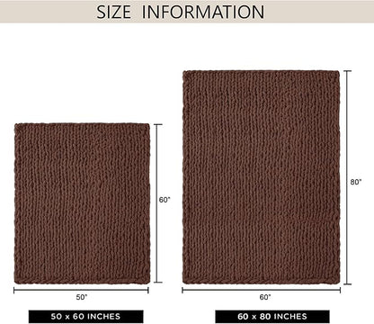 Chunky Knit Throw Blanket 50"X 60", 100% Handmade with Soft Chenille Yarn, 4.4lbs Thick Cable Knitted Blankets, Large Rope Knot Crochet Throws for Couch Sofa Bed Home Decor, Dark Brown