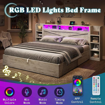 AMERLIFE King Size Lift Up Storage Bed Frame, 45.1" LED Bed Frame with 2 Side Shelves & Bookcase Headboard, Farmhouse Wood Platform Bed with Charging Station, No Box Spring Needed, Distressed White