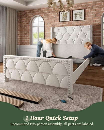 Queen Size Bed Frame with 56" Headboard - Velvet Upholstered Wingback Platform Bed Frame, Noise Free, Sturdy Wooden Slat Support (Cream, Queen)