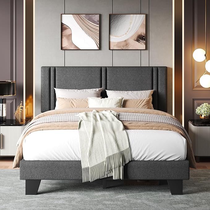 Upholstered Queen Size Bed Frame with Linen Fabric Headboard, Strong Wooden Slats Support, Noise Free, No Box Spring Needed, Dark Grey