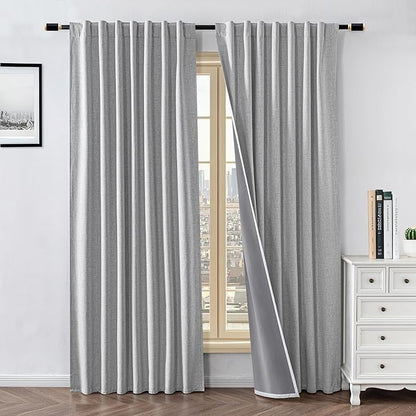100% Blackout Curtains for Living Room, 108 Inch Curtains 2 Panel Set Light Blocking, Back Tab & Rod Pocket Thermal Insulated Drapes Bedroom Windows Home Decr(52W × 108L inch, Greyish White)