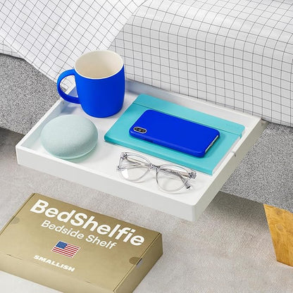 BedShelfie Bedside Shelf for Dorm Room Bunk Bed & Top Bunk, College Dorm Room Essentials, Bedside Caddy, Clip on Floating Desk Tray, Bed Side Table Storage, Loft Nightstand Decor- White Wood Slide