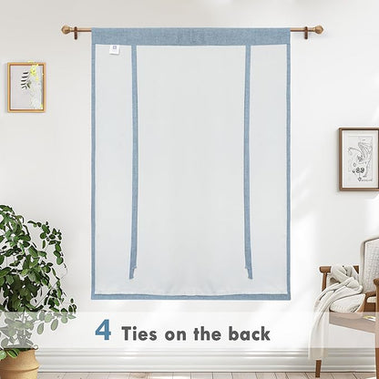 DriftAway Double Layer Linen Blackout Tie Up Curtains Thermal Insulated Fully Lined Balloon Roman Shade Bathroom Window Adjustable Rod Pocket for Small Window 45 Inch by 63 Inch Dusty Blue