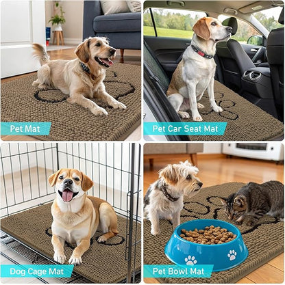 OLANLY Dog Door Mat for Muddy Paws 40x32, Paw Print Design, Absorbs Moisture and Dirt, Absorbent Non-Slip Washable Doormat, Quick Dry Chenille Mud Mat for Dogs, Entry Indoor Entryway Carpet, Tan