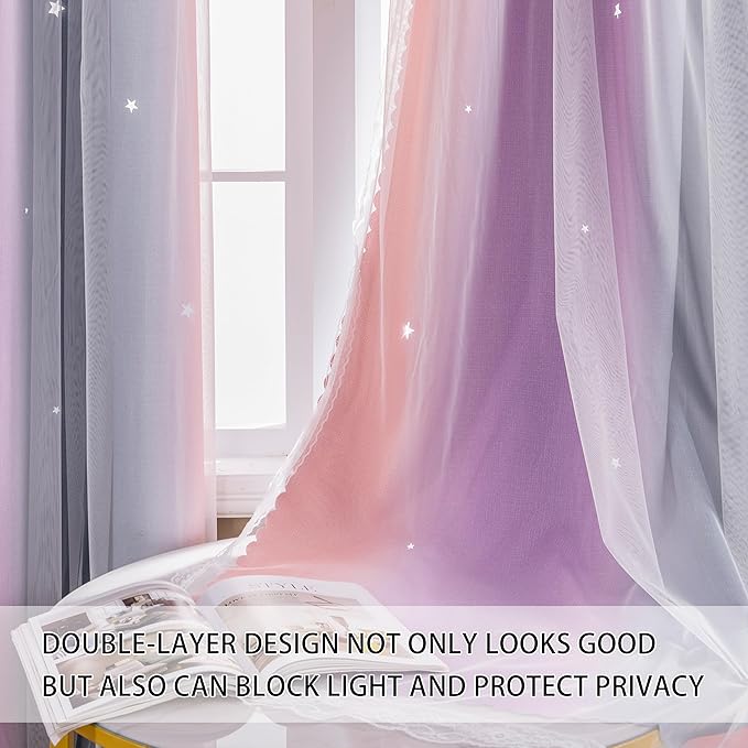 XiDi Dream Star Blackout Curtains for Kids Rooms Girl Princess Curtain for Daughter Bedroom Window (Grey Pink Purple, W34 X L84)