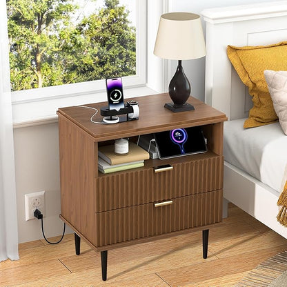 Nightstand with Charging Station, Wide Fluted Nightstand, Wood for Bedroom, Black Dresser with Storage Drawers, Bedside Table with Metal Handle & Leg (Walnut Set of 2, 23.3)