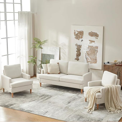 VKNOW Mid-Century Accent Chairs Set of 2, No Tools Assembly Required, Modern Upholstered Polyester Armchairs for Living Room & Bedroom, Comfortable Reading Chairs with Wood Legs, Beige