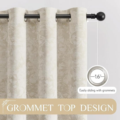 Beauoop Beige Floral Jacquard Blackout Curtains 72 Inches Long 2 Panels for Bedroom Living Room Taupe Flower Chenille Room Darkening Thermal Insulated Soundproof Grommet Window Treatments Drapes 52x72