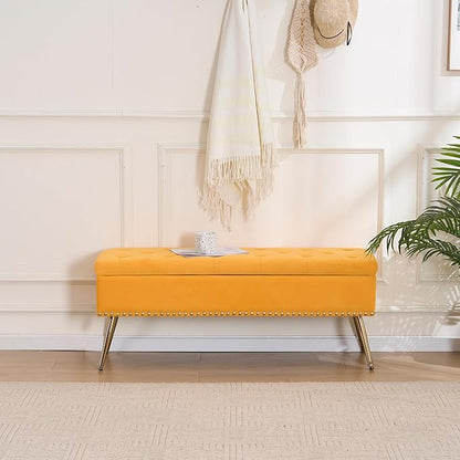 Velvet Storage Bench with Gold Legs& Nailhead Trim, 46" Wide Upholstered Modern Bedroom Bench for End of Bed, Tufted Ottoman for Entryway Living Room Dining Room (Mustard Yellow, 46" Wide)