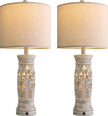 BOBOMOMO 27.25” Rustic Farmhouse Table Lamps Set of 2 – Vintage Bedside Lamps with Night Light & USB A+C Ports, Retro Lamps for Bedroom, Living Room, Entryway, Cozy Corner (Bulbs Included)