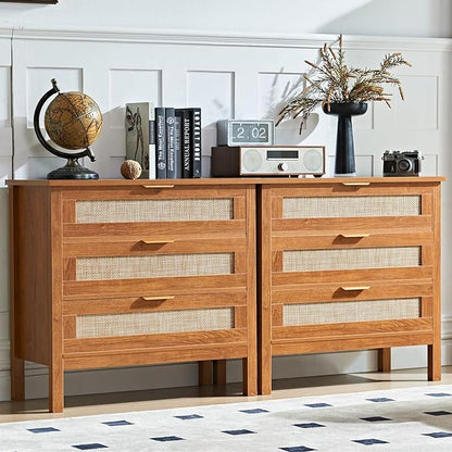 LEYAOYAO 31.5" Wide Rattan Night Stand, Large Boho Nightstand, Bedside Table with Storage, Tall Bed Side End Tables, Chest of Drawers for Bedroom, Living Room, Hallway（Brown,3 Drawers,2）