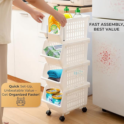 TidyFriend Stackable Storage Bins for Pantry - 4 Pack Small Stackable Bins for Organizing Food, Kitchen, and Bathroom Essentials (White)