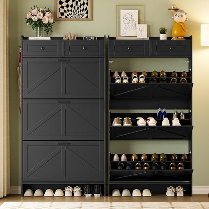 Shoe Storage Cabinet for Entryway, Farmhouse Narrow Shoe Cabinet with 3 Flip Drawers & 2 Top Drawers, Adjustable Shelves & Hooks, Freestanding Hidden Rack Organizer for Hallway, Foyer