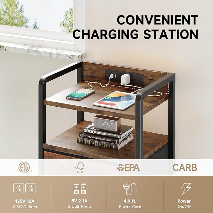 Night Stand Bedside Table Bedroom - Tall Nightstand with Charging Station & LED Light Strip, Bed Side Table with Storage Shelf & 4 Drawers, End Table with U-S-B Ports & AC Outlets, Brown