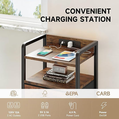 Night Stand Bedside Table Bedroom - Nightstand with Charging Station, Night Stand with LED Light Strip, End Table with U-S-B Ports & AC Outlets, Storage Shelf & 2 Fabric Drawers, Rustic Brown