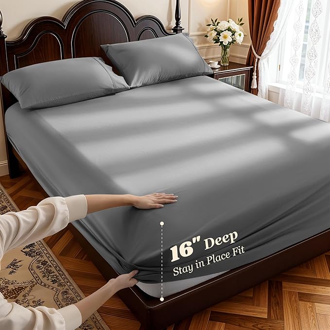 LBRO2M 1000 Thread Count 100% Cotton Sheets Set,King Size Bed Sheet 4 Piece Sets,Long Staple,16 Inches Deep Pocket,All Season,Bedding Super Soft Comforterble Breathable,Sateen(Dark Grey)