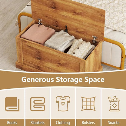 LOKO 35.5” Storage Chest, Lift Top Storage Box with Metal Hinges, Wooden Storage Bench with Safety Hydraulic Strut, Large Farmhouse Storage Trunk for Living Room, Bedroom, Entryway(Oak)