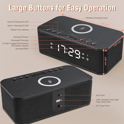 Dual Alarm Clock Radio Bedroom, Digital Alarm Clocks Bedrooms Bluetooth, Up to 10 Bedroom Alarms Clock White Noise 23 Soothing Sounds App/Button Control Snooze 12/24H FM Speaker Charging, Black