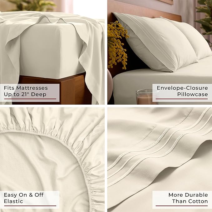 Mellanni California King Sheet Set - 6-Piece Iconic Collection Bedding, (Including 4 Pillowcases), 21-Inch Extra Deep Pocket, Easy Care, Ultra Soft, Cooling Sheets, Brushed Microfiber - Golden Ivory