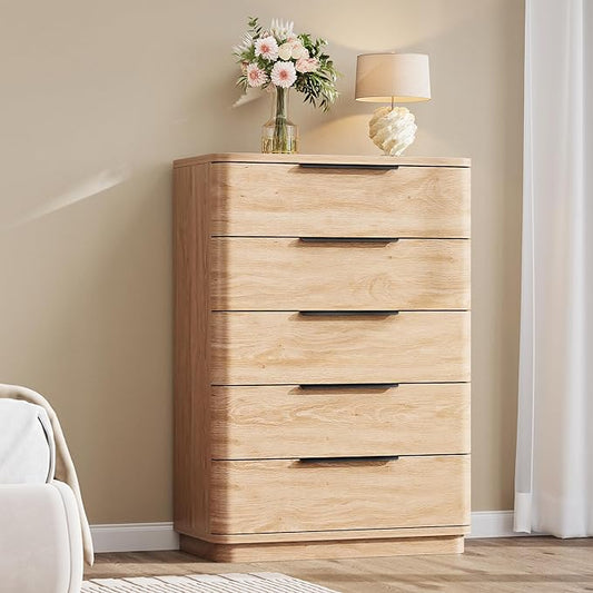 5 Drawer Dresser for Bedroom, 45" Tall Modern Chest of Drawers with Metal Handle, Curved Profile Design, Wooden Closet with Large Drawers Dressers Organizer for Entryway Hallway