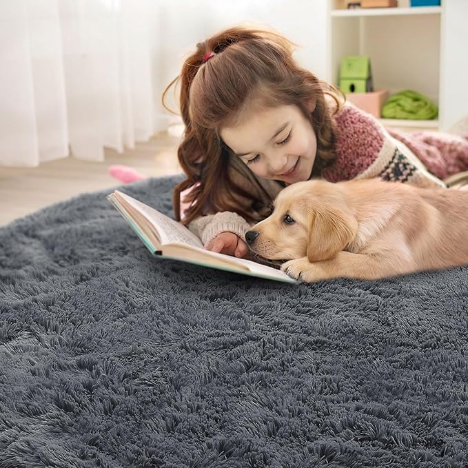 OLANLY Grey Round Rugs for Bedroom - Machine Washable, 7 ft Circle Area Rugs for Living Room, Soft and Fluffy Shaggy Carpet for Teen Girls and Boys, Nursery Rooms, Dorms, Home Decor Aesthetic