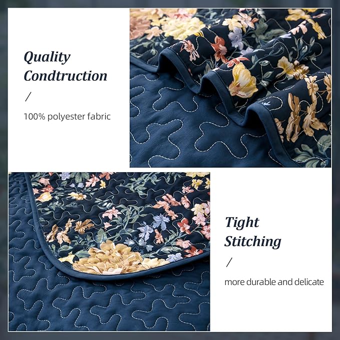 WONGS BEDDING Quilt King Size, Navy Blue Quilt Bedding Set with 2 Pillowcases, Botanical Quilt for King Bed, Soft Microfiber Lightweight Coverlet Bedspread for All Season (110"×90", 3 Pieces)