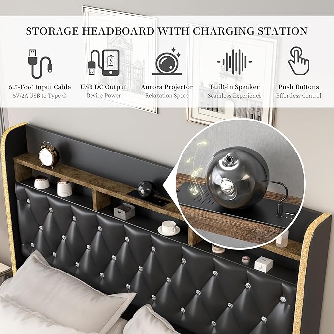 King LED Bed Frame with 2 Storage Drawers, PU Upholstered Platform Beds with Galaxy Star Projector Charging Station Speaker, Aurora Bedframe with 2-Tier Storage Headboard, Noise-Free, Black