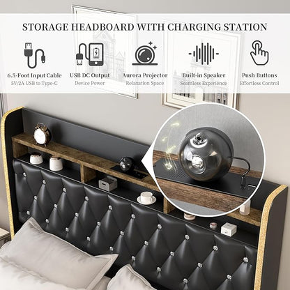 King LED Bed Frame with 2 Storage Drawers, PU Upholstered Platform Beds with Galaxy Star Projector Charging Station Speaker, Aurora Bedframe with 2-Tier Storage Headboard, Noise-Free, Black