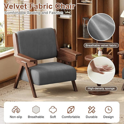 Mid Century Modern Accent Chair, Fabric Upholstered Lounge Arm Chair with Solid Wood Frame for Living Room, Bedroom, Office, Reading Corner (Gray, Set of 2)