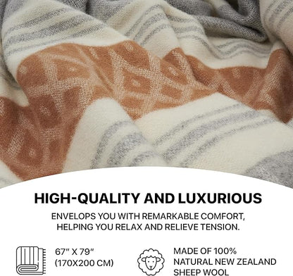 | Wool Blanket/Throw | 100% New Zealand Wool | Perfect for Home and Outdoors | Virgin Wool Throw with Fringes 67"x79" (170 x 200 cm)