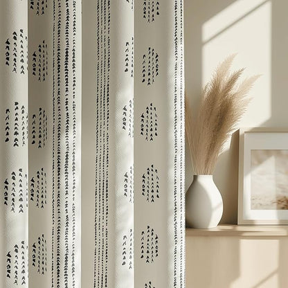 100% Boho Blackout Curtains 90 Inches Long for Bedroom, Black on Beige Patterned Bohemian Curtains for Living Room, Geometric Striped Thermal Insulated Window Drapes Gromment Top 2 Panels