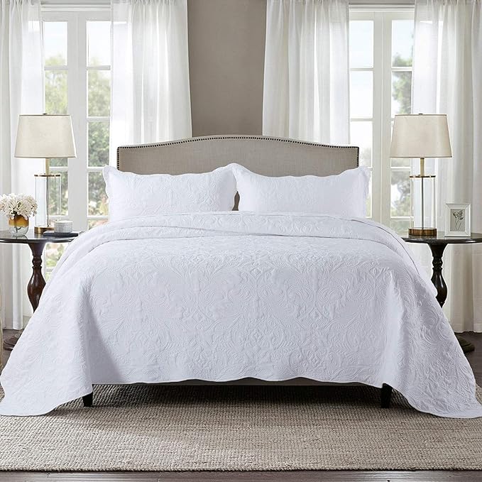 HoneiLife Quilt Set King Size - 3 Piece Embroidered Microfiber Bedspread Reversible Coverlet Lightweight Bedcover Paisley Pattern Bedding Set All Season Quilts-White