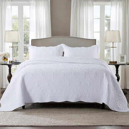 HoneiLife Quilt Set King Size - 3 Piece Embroidered Microfiber Bedspread Reversible Coverlet Lightweight Bedcover Paisley Pattern Bedding Set All Season Quilts-White