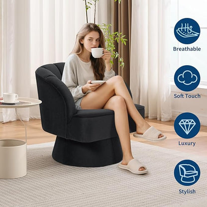 GarveeHome Modern Swivel Barrel Accent Chair, 360 Degree Velvet Upholstered Armchair with Striped Backrest & Plush Padding, Comfy Round Lounge Chair for Living Room, Bedroom, Reading Nook, Black