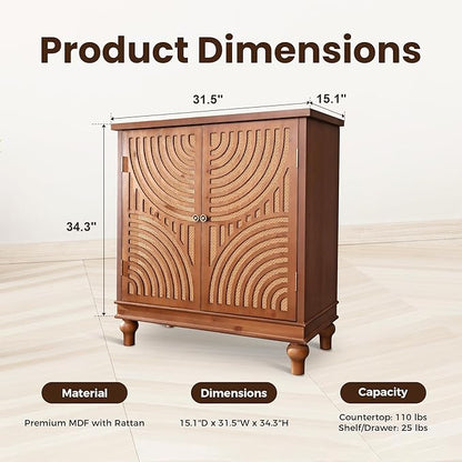 PHI VILLA Accent Cabinet with Door, Small Buffet Sideboard Cabinet with Rattan Door, 2 Door Storage Cabinets