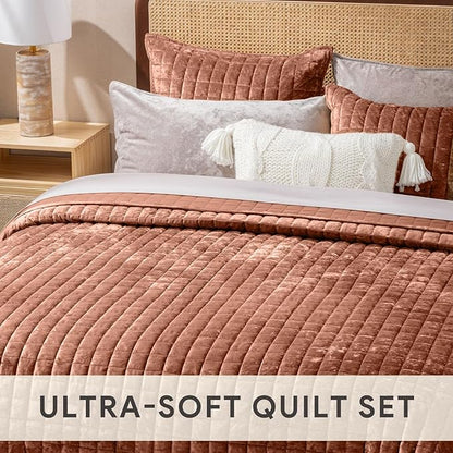 RECYCO Luxury Velvet Quilt Set King Size Bedding Sets, Ultra Soft Velvet Comforter Set, Lightweight Channel Box Stitch Oversized Bedspread Coverlet for All Season, with 2 Shams, Terracotta Fawn