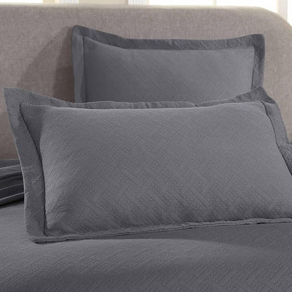 Superior 100% Cotton Basket Weave Bedspread with Shams, All-Season Premium Cotton Matelasse Jacquard Bedding, Quilted-Look Geometric Basket, Full, Grey