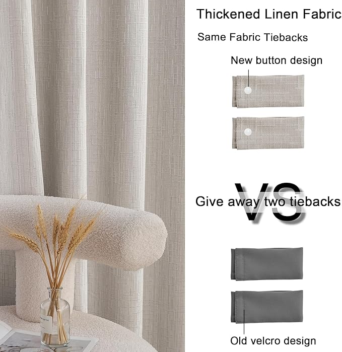 Jacquard Linen Curtains 96 inch Length 2 Panels Thick Faux Linen Blended Window Drapes Burlap Textured Curtains with Grommet for Living Room Bedroom Farmhouse (52x96 Beige) Natural