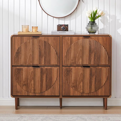 Turtle&Myrtle Narrow Fluted Shoe Cabinet for Entryway, Slim Hidden Shoe Rack, Wooden Freestanding Shoe Storage Organizer with 4 Flip Drawers, Hallway, Living Room, Foyer (Walnut)