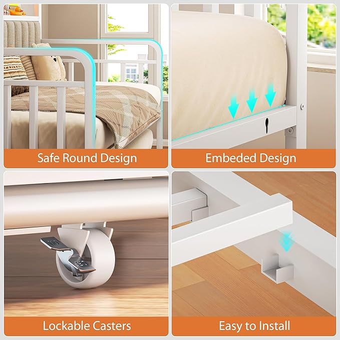 Daybed with Trundle and LED Light, Heavy Duty Metal Twin Bed Frame with Upholstered Storage Headboard & Charging Station, Day Bed Pop Up Trundle Bed Twin for Living Room,Bedroom and Guest Room, White