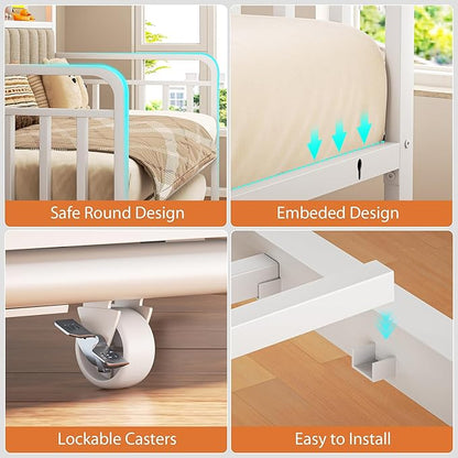 Daybed with Trundle and LED Light, Heavy Duty Metal Twin Bed Frame with Upholstered Storage Headboard & Charging Station, Day Bed Pop Up Trundle Bed Twin for Living Room,Bedroom and Guest Room, White