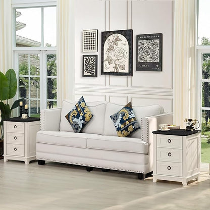 18" Farmhouse Night Stand with 3 Drawers, Wood End Table Dresser for Bedroom, White Nightstand, Bed Side Table with Metal Handle, Bedside Cabinet for Bedroom Living Room, Closet