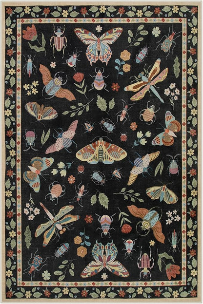 Lahome Insect Washable Rugs for Living Room, Soft Area Rug 6x9 Rug for Bedroom Ultra-Thin Non Slip Dining Room Rug, Stain Resistant Black Rug Large Carpet for Office Nursery(6'x9',Black)