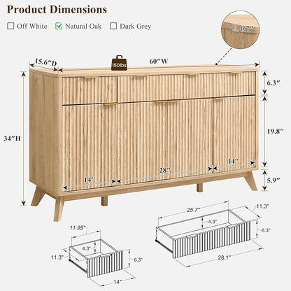 OKD Fluted Storage Cabinet with Drawers, 60" Morden Buffet Sideboard Coffee Bar Cabinet with 4 Doors and 3 Drawers for Dining Room, Living Room,Hallway (Natural Oak)