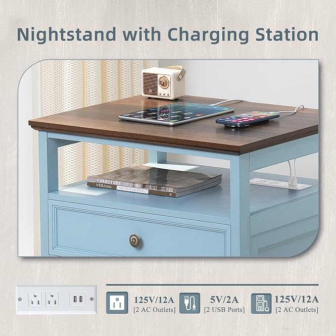 Farmhouse Nightstand with Charging Station, 24" Wide End Table with 2 Drawers, Light Blue Dresser for Bedroom,Wood Bed Side Table Chest of Drawers Cabinet,Night Stand for Living Room,Closet