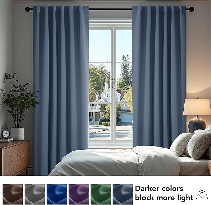 Deconovo Blackout Curtains, Thermal Insulated, W70 x L63 2 Panels, Back Tab, Machine Washable, Room-Darkening Drapes for Bedroom/Living Room Stone Blue