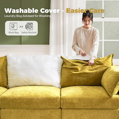 ABCASA 136.4" Oversized Modular Sectional Sleeper Sofa Bed, U Shaped Convertible Couch with Movable Ottoman, Large 8 Seat Corner Couches for Living Room Deep Seat Yellow Chenille